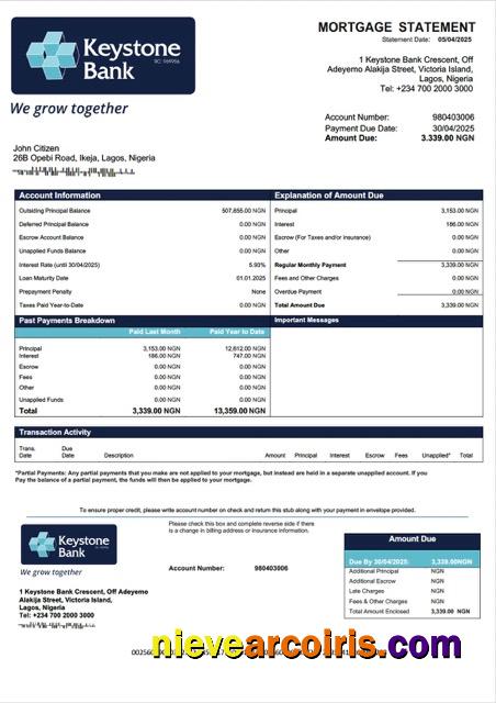 Nigeria Keystone Bank mortgage statement Word and PDF template